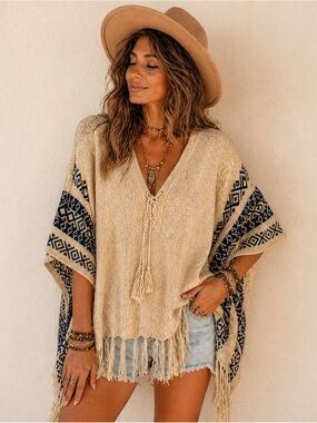 Boho Fringe Poncho Knit Top Southwestern Festival Coastal Cowgirl
